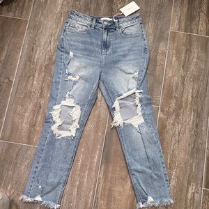 Cello Medium Blue Distressed High Rise straight Jeans